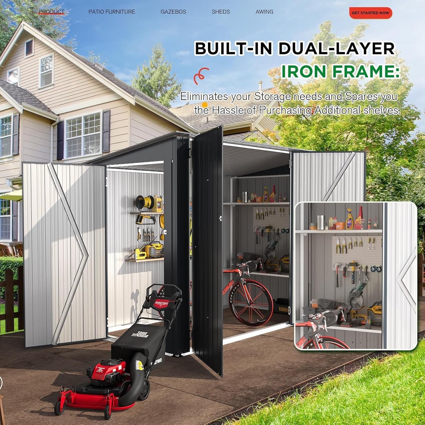 YODOLLA 5.3 x 5.2m Garden Shed Storage, Lockable Bike Shed with Door for 8-10 Bikes