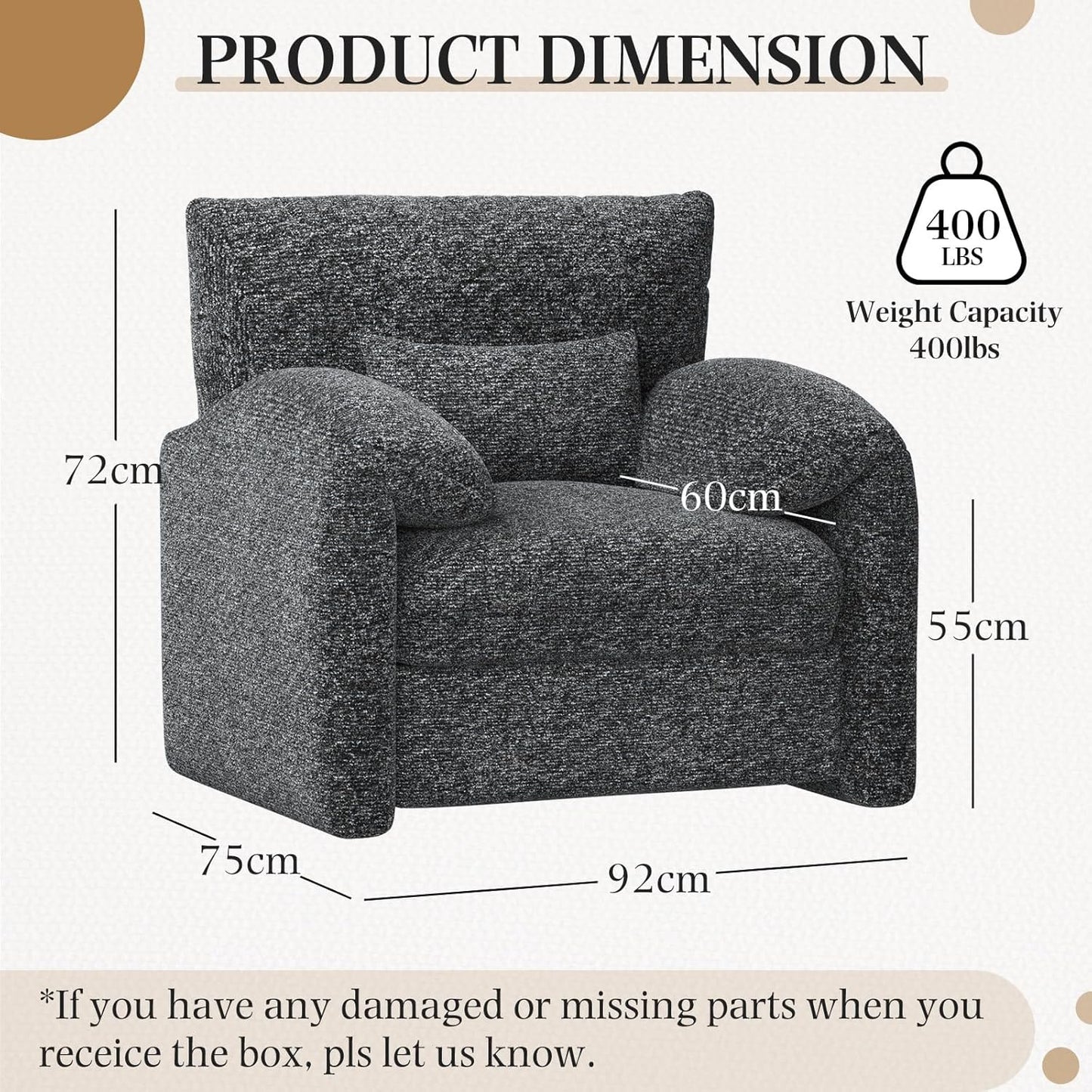 YODOLLA Armchair Sofa, Large Single Sofa Padded Seat with Lumbar Pillow