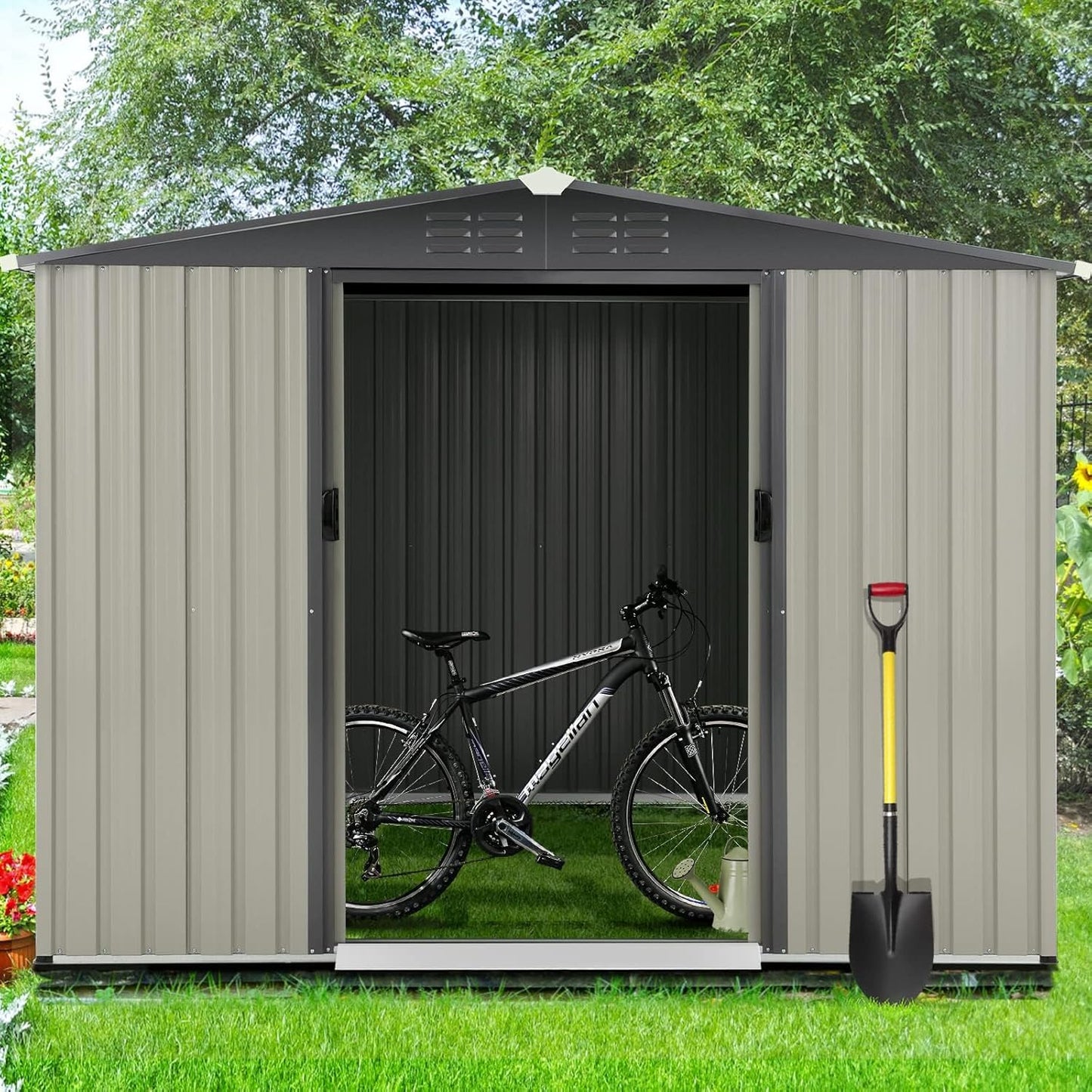 YODOLLA Outdoor Storage Shed, Bike Tool Garden Metal Sheds with Sliding Door