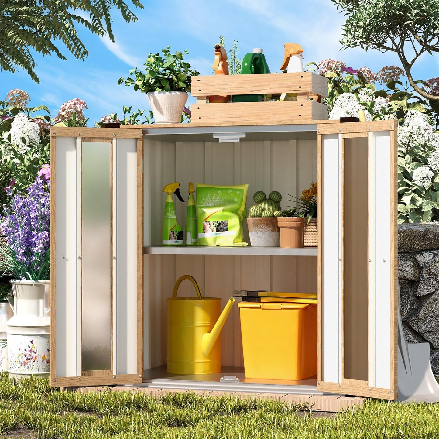 YODOLLA Garden Storage Box Shed Small, Metal Cabinet Cupboard