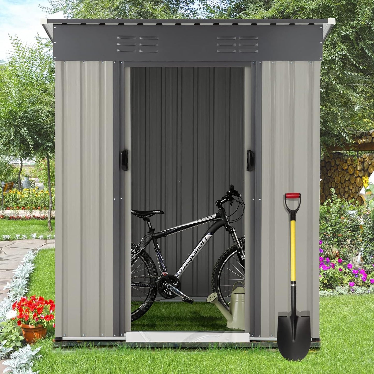 YODOLLA Outdoor Storage Shed, Bike Tool Garden Metal Sheds with Sliding Door