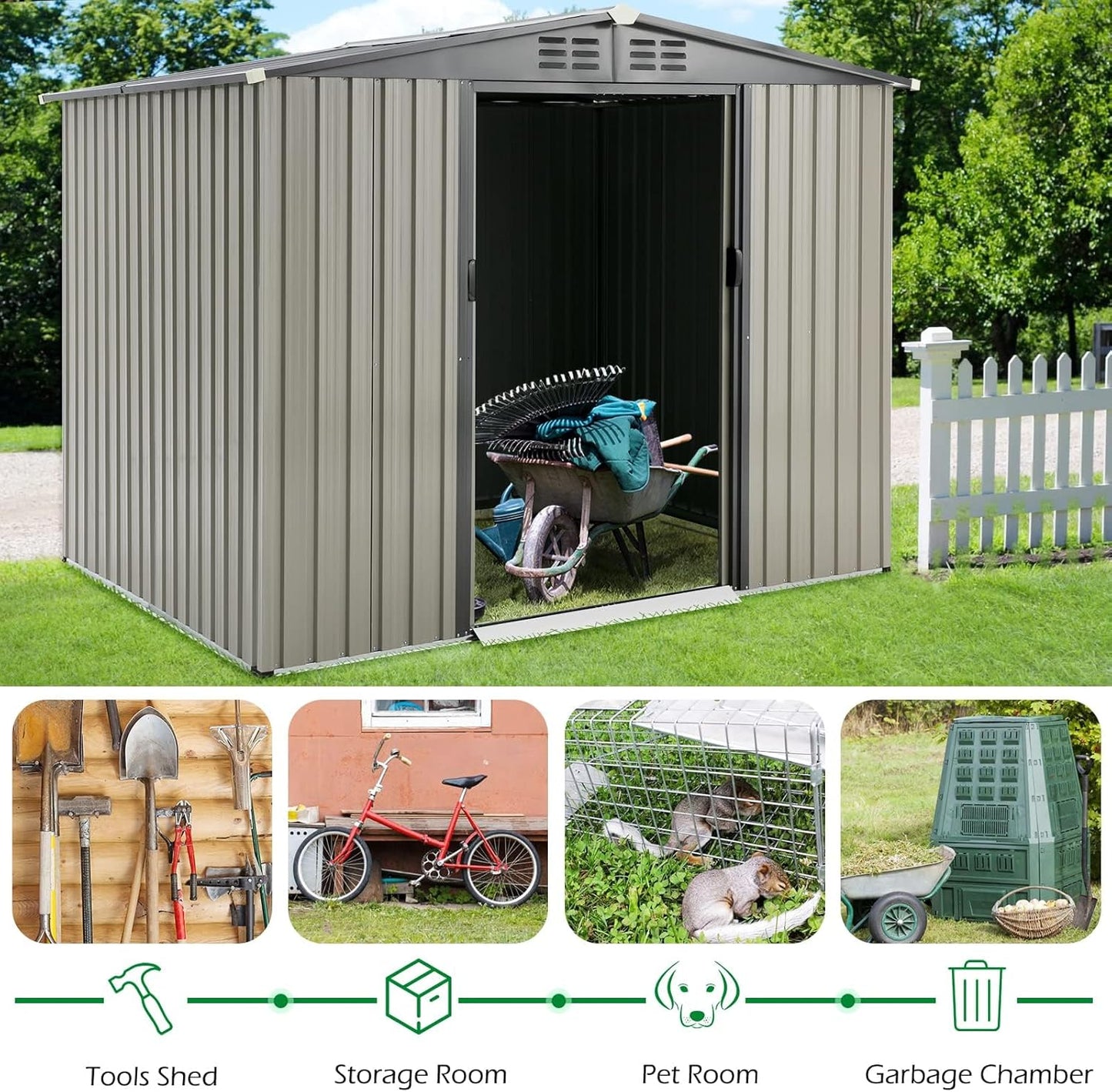 YODOLLA Outdoor Storage Shed, Bike Tool Garden Metal Sheds with Sliding Door