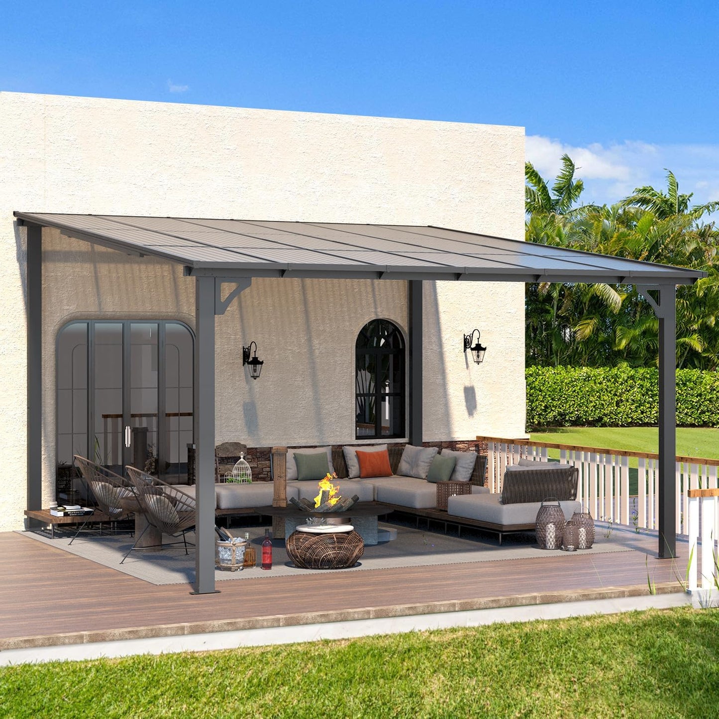 YODOLLA 3.65m x 3.65m Wall-Mounted Aluminium Awning Gazebo, Lean to Pergola