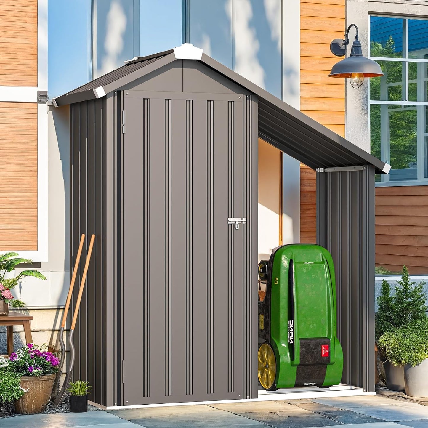YODOLLA Outdoor Tall Garden Storage Box with Double Door, Grey
