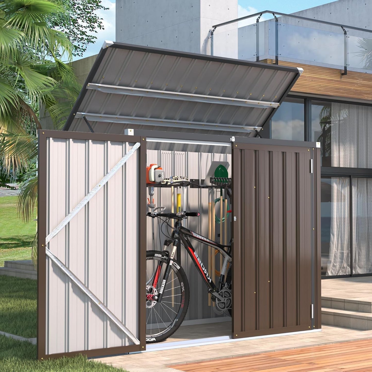 YODOLLA Outdoor Trash Can Storage Shed, Garden Storage Box, Metal Outdoor Shed with Double Door