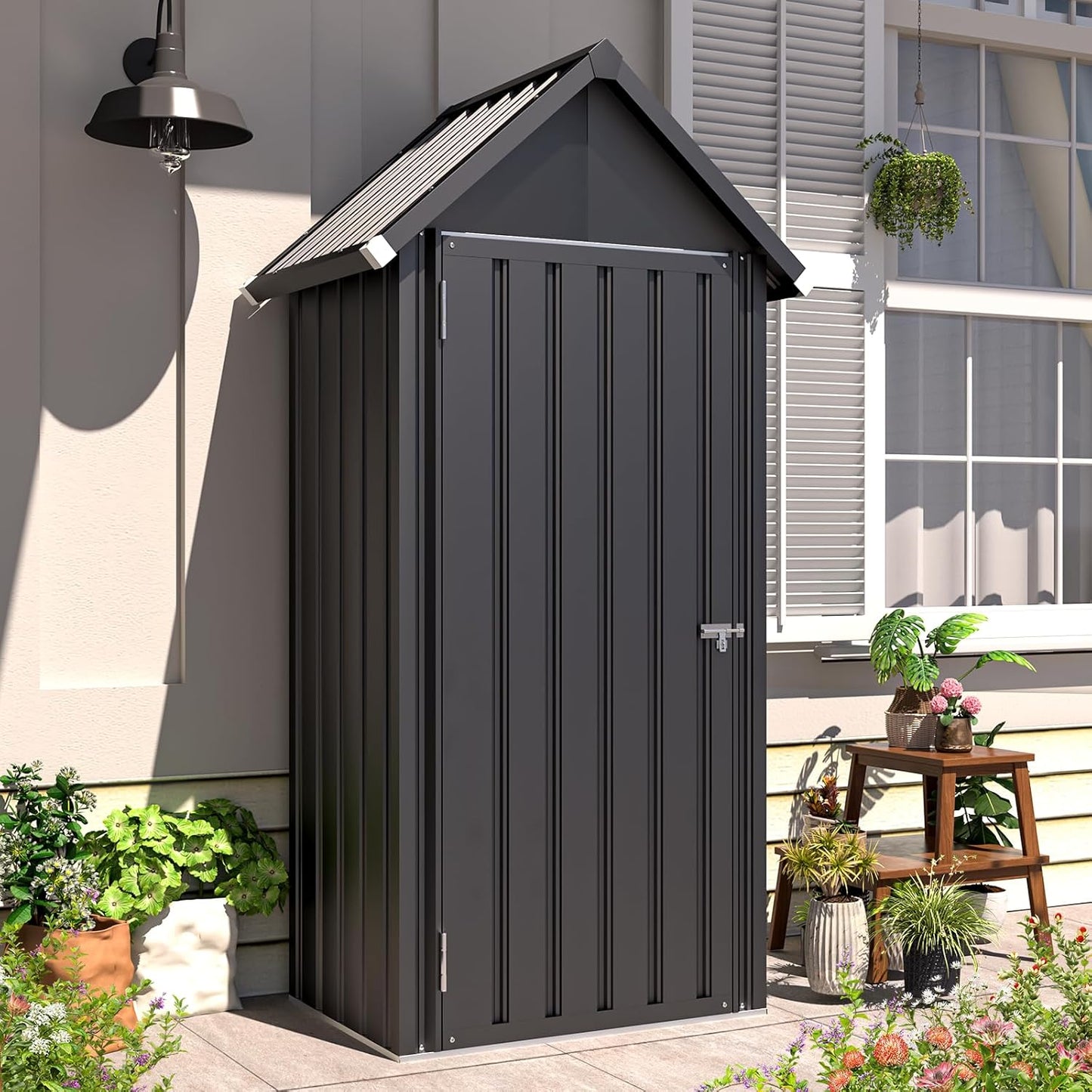 YODOLLA Outdoor Tall Garden Storage Box with 3 Adjustable Shelves