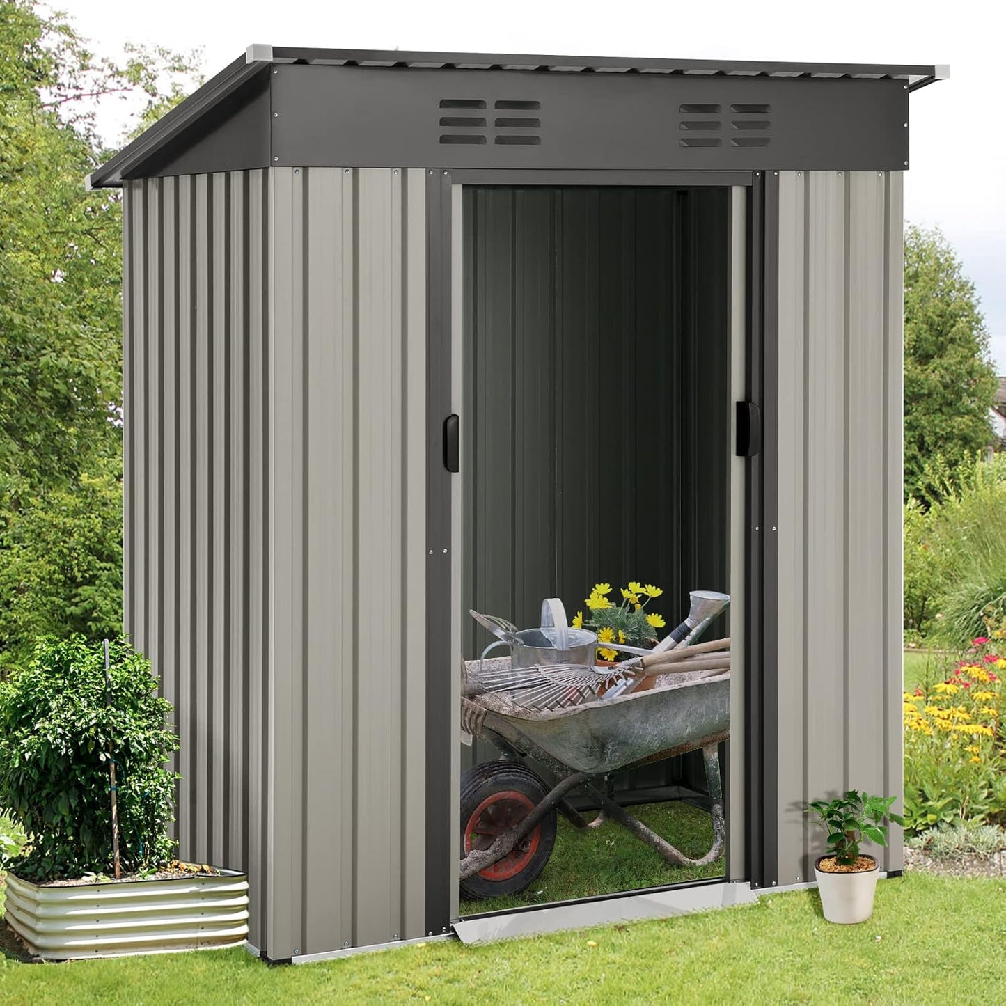 YODOLLA Outdoor Storage Shed, Bike Tool Garden Metal Sheds with Sliding Door