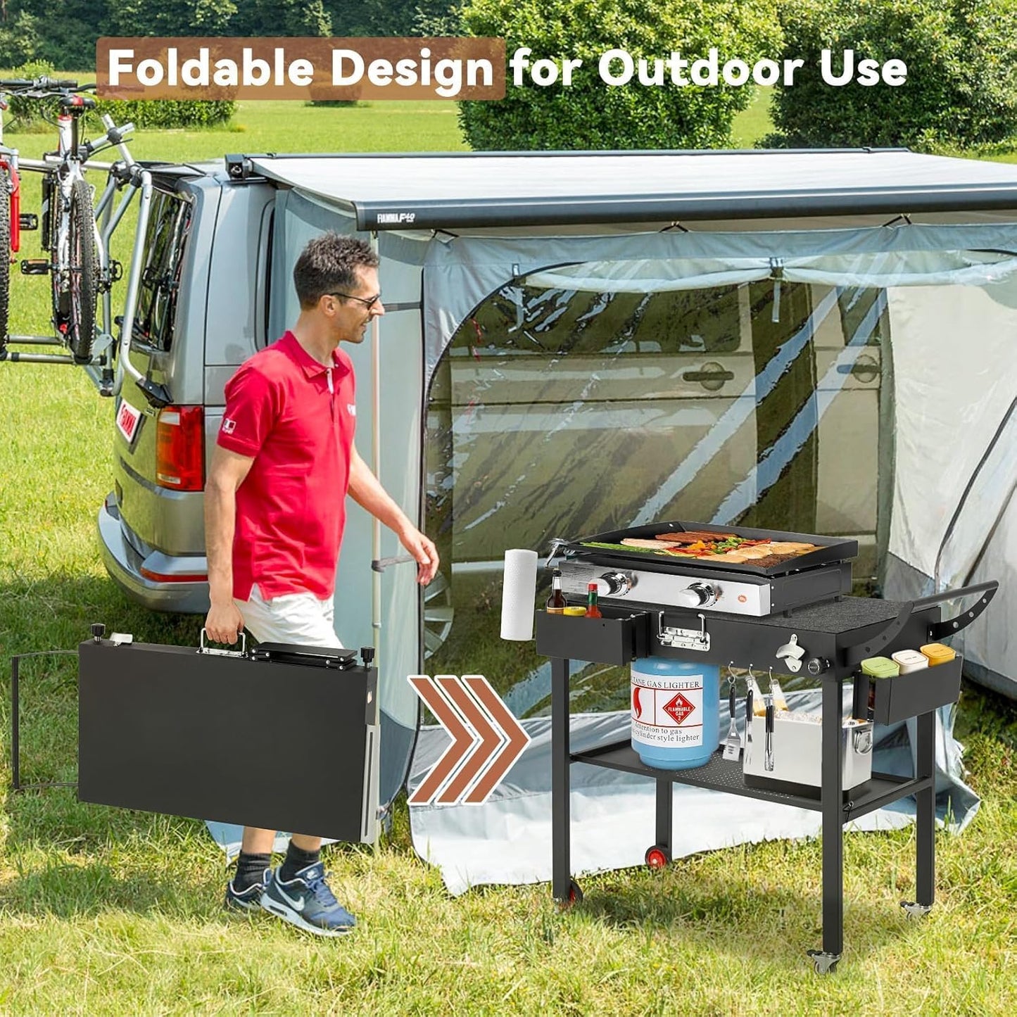 YODOLLA Foldable Pizza Oven Stand, Grill Cart Trolley on Wheels & Handle