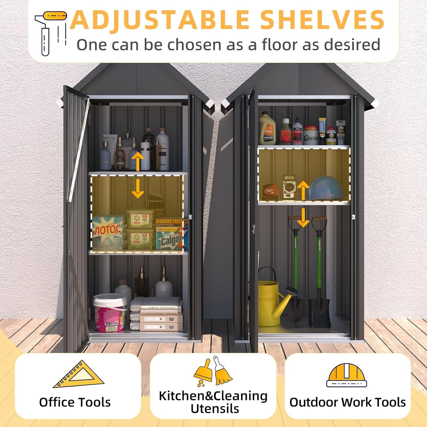 YODOLLA Outdoor Tall Garden Storage Box with 3 Adjustable Shelves