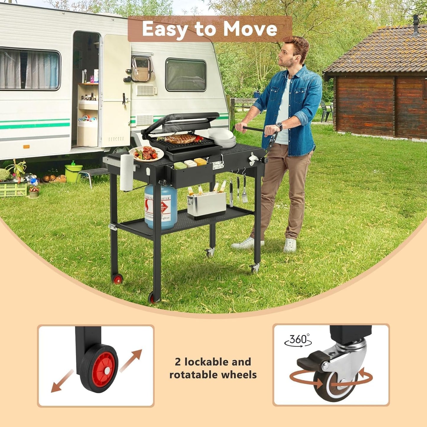 YODOLLA Foldable Pizza Oven Stand, Grill Cart Trolley on Wheels & Handle