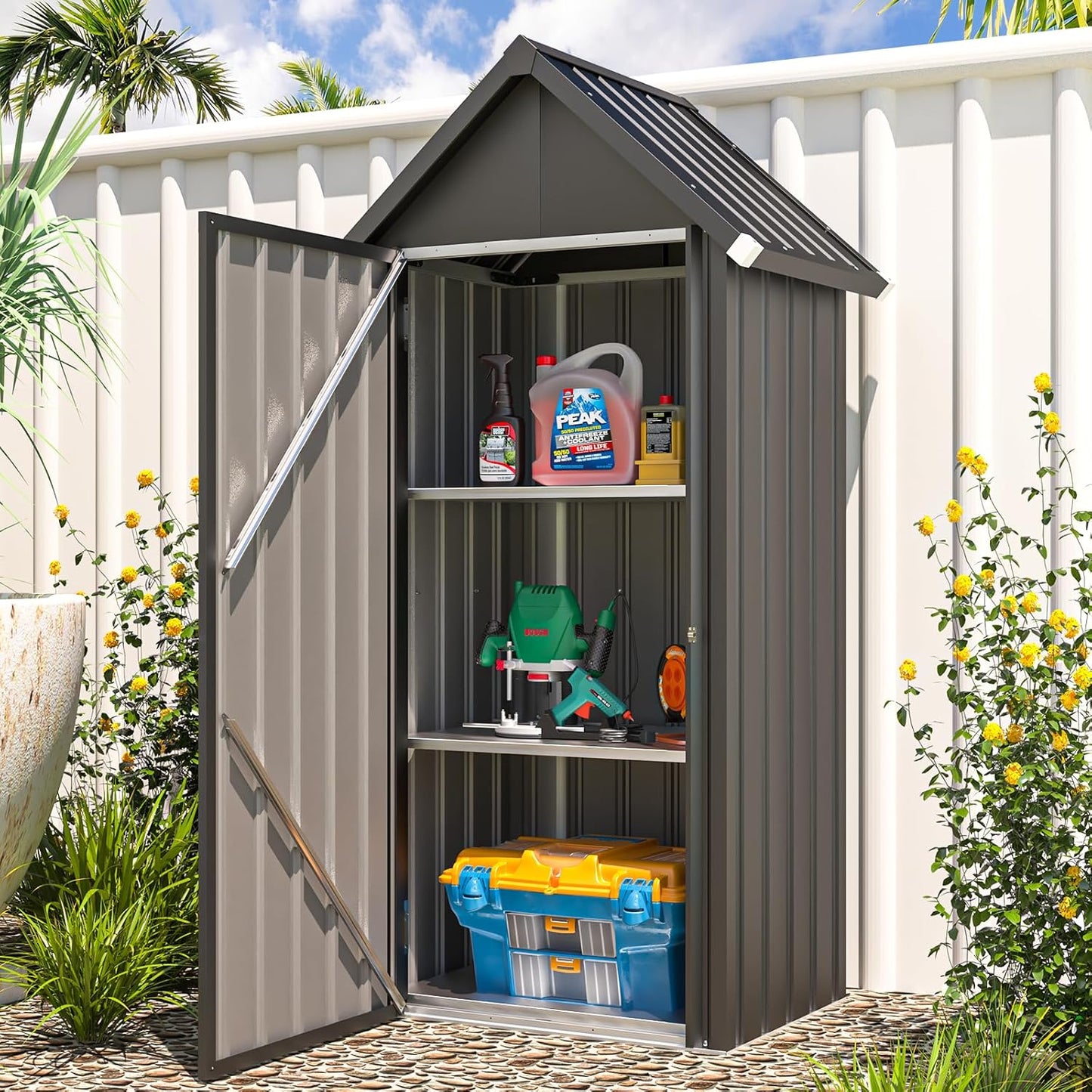 YODOLLA Outdoor Tall Garden Storage Box with 3 Adjustable Shelves