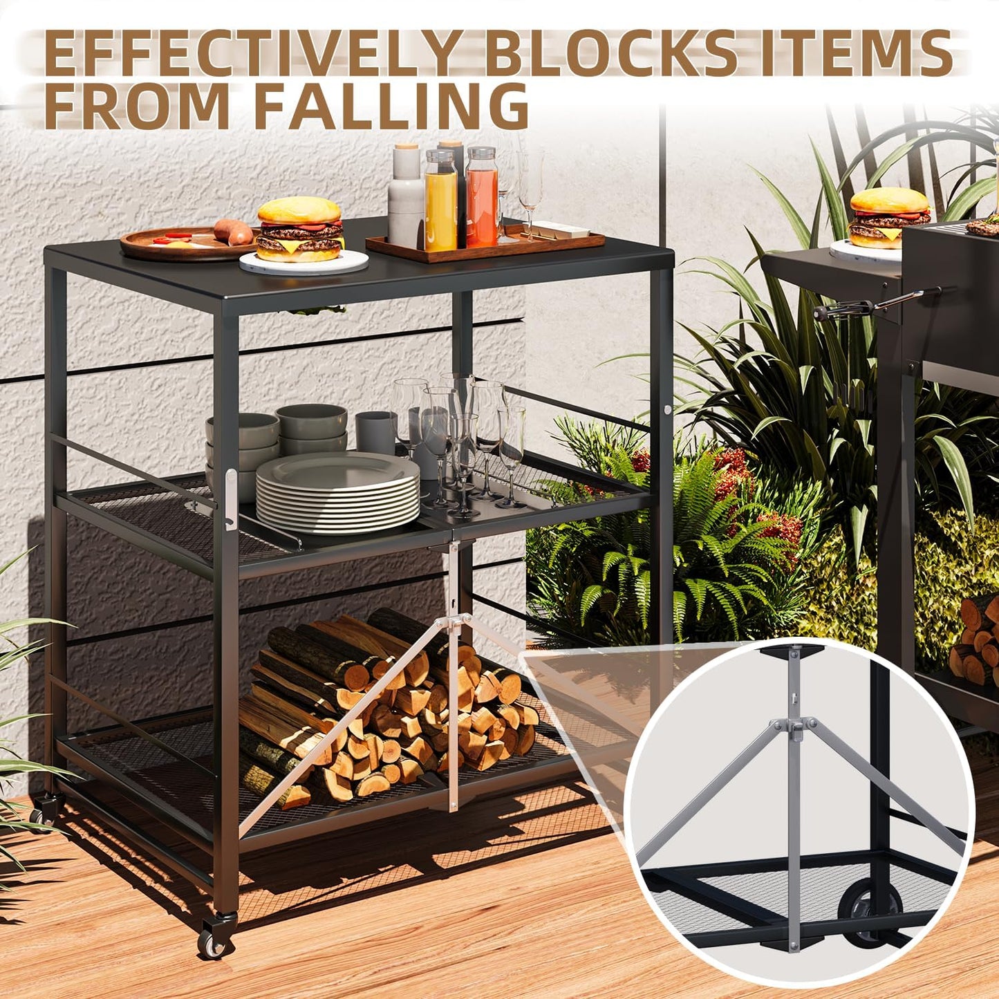 YODOLLA Foldable Stainless Pizza Oven Table,3-Tier Outdoor Grill Cart Trolley on Wheels