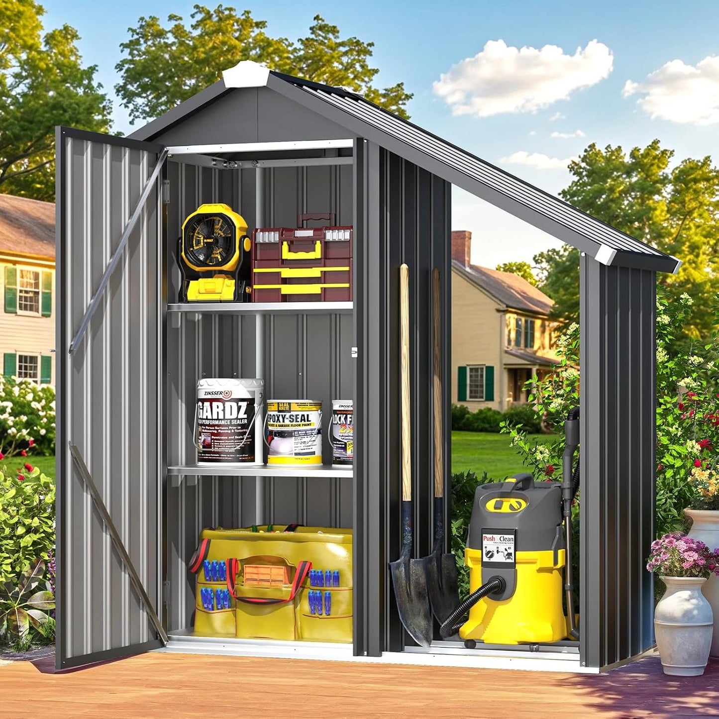 YODOLLA Outdoor Tall Garden Storage Box with Double Door, Grey