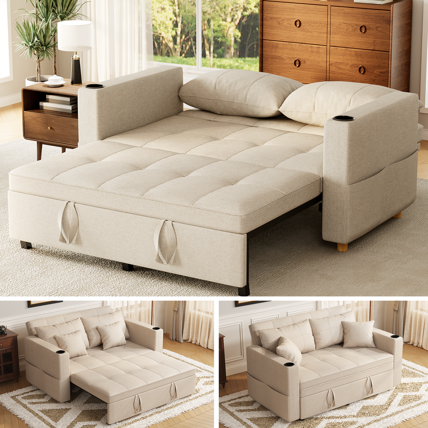 YODOLLA 2 Seater Sofa bed, 3-in-1 Convertible Sleeper Sofa 160cm, Beige