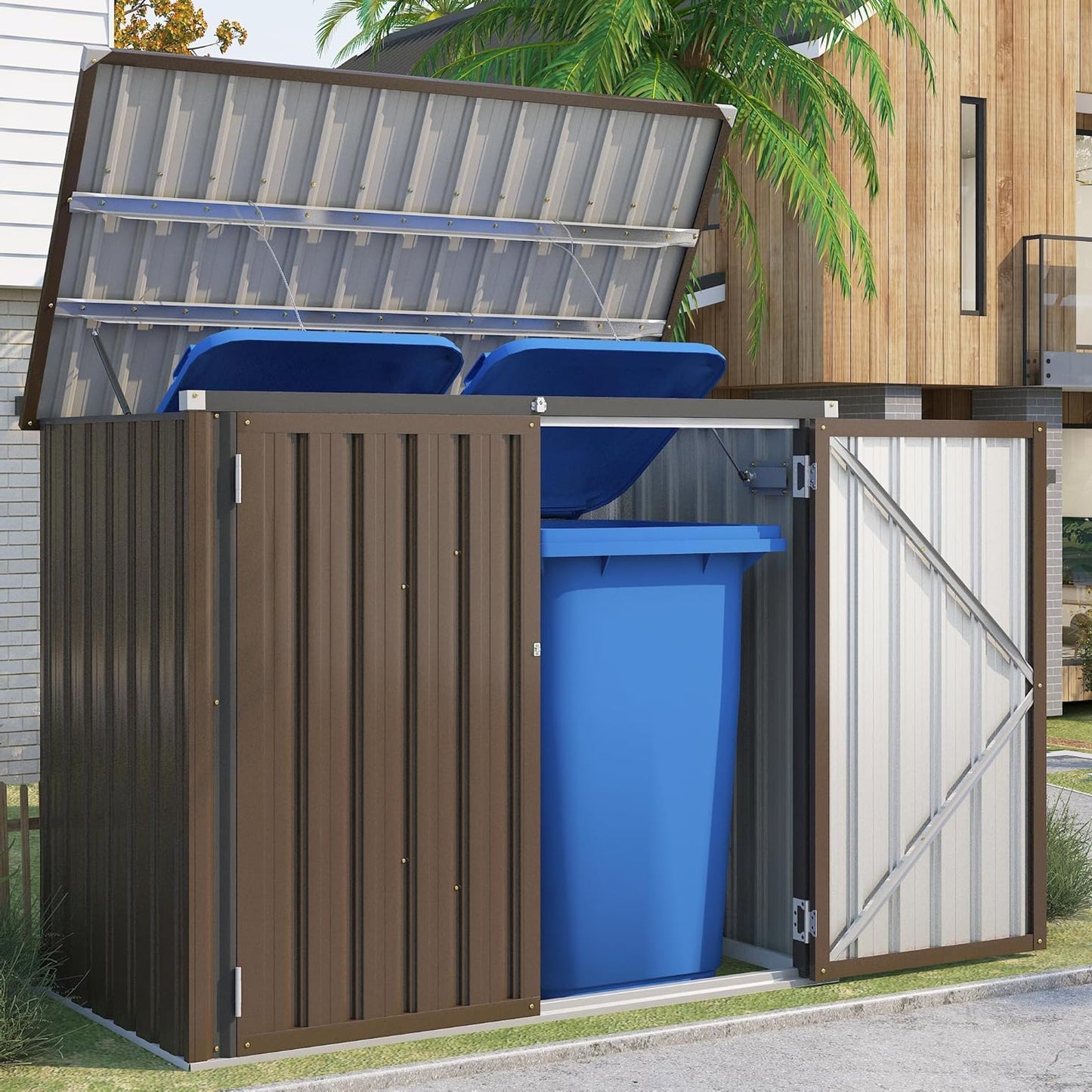 YODOLLA Outdoor Trash Can Storage Shed, Garden Storage Box, Metal Outdoor Shed with Double Door