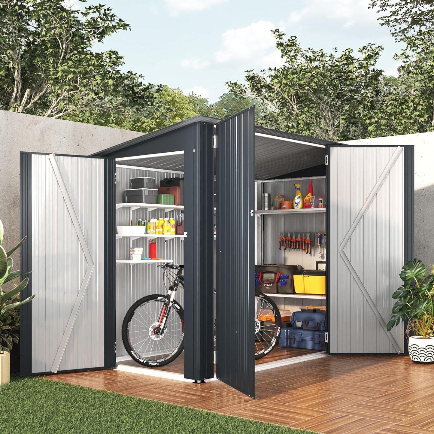 YODOLLA 5.3 x 5.2m Garden Shed Storage, Lockable Bike Shed with Door for 8-10 Bikes