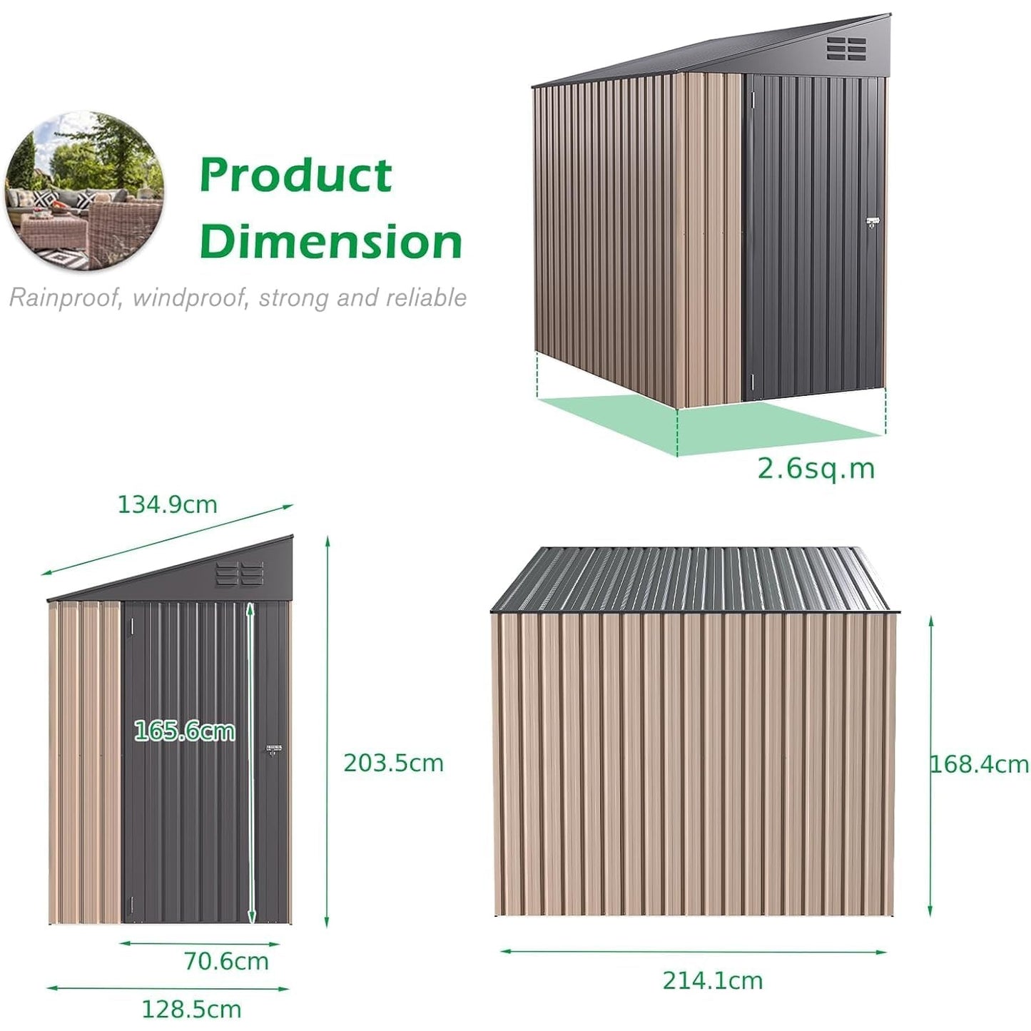 YODOLLA Outdoor Lean to Storage, 1.2m × 2.1m Metal Shed