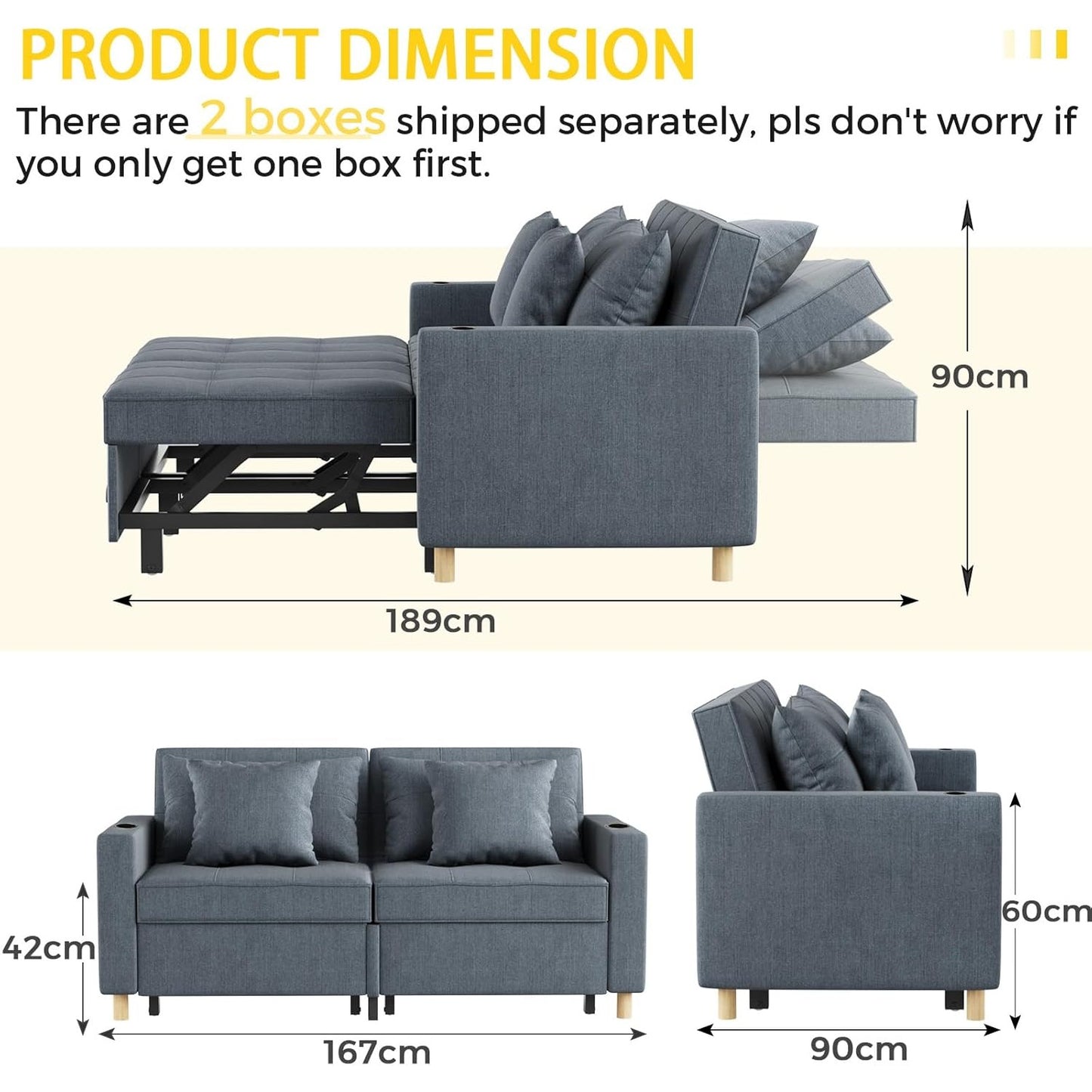 YODOLLA Sofa Bed Sleeper Pull Out Convertible, 2-Seater 3-in-1 Sofa Couch Beds
