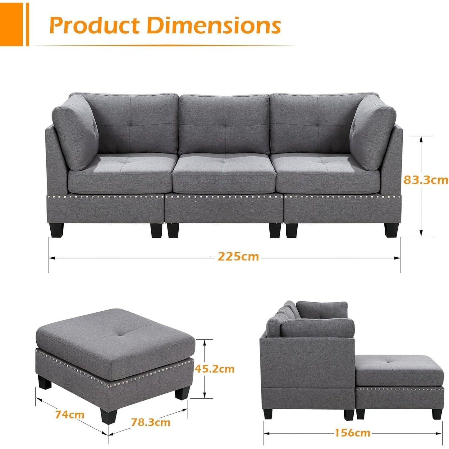 YODOLLA 225cm L-Shaped Corner Sofa, 3-4 Seater Modern Sofa Couch with Footstool