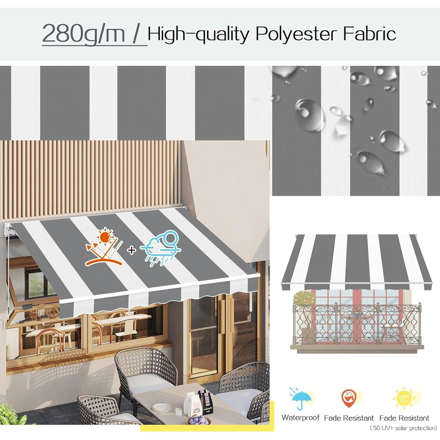 YODOLLA 396 × 244 cm Retractable Manual Awning, Folding Awning with Hand Crank Patio