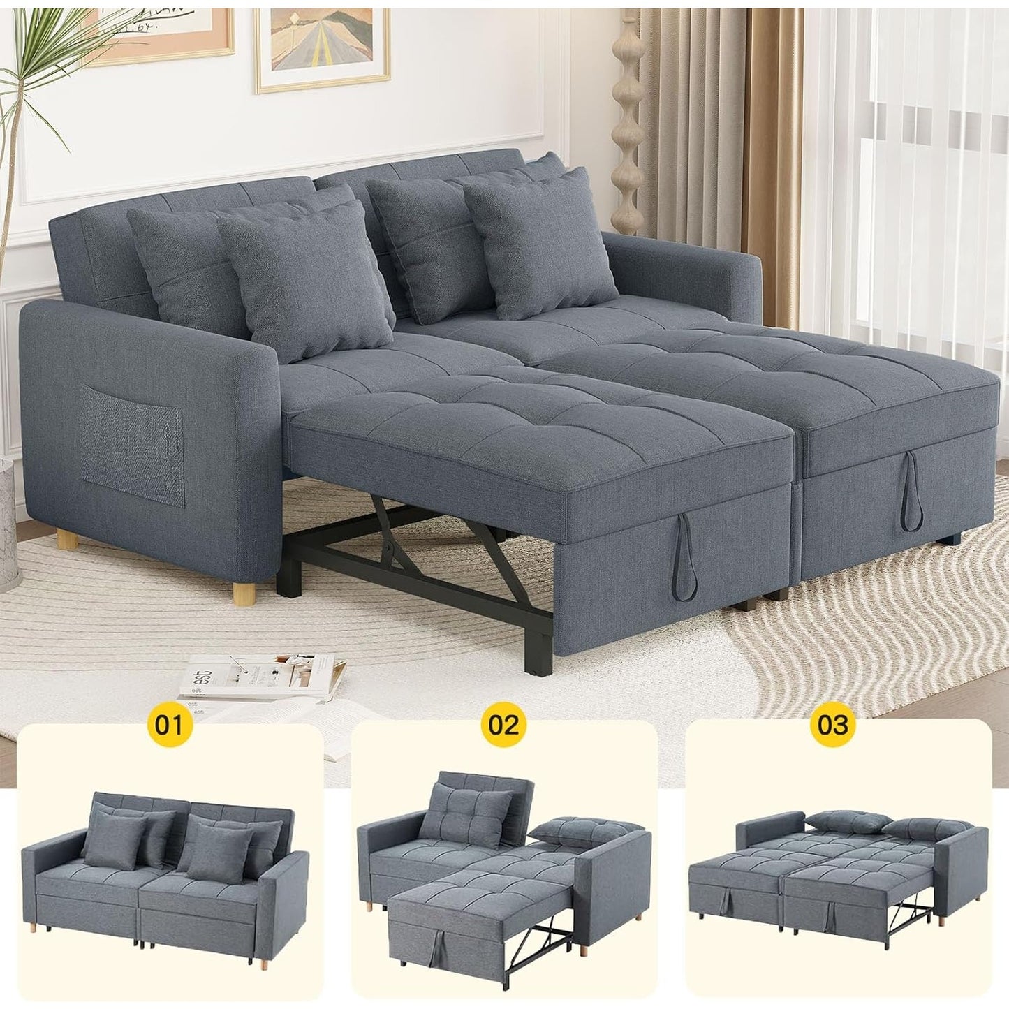 YODOLLA Sofa Bed Sleeper Pull Out Convertible, 2-Seater 3-in-1 Sofa Couch Beds