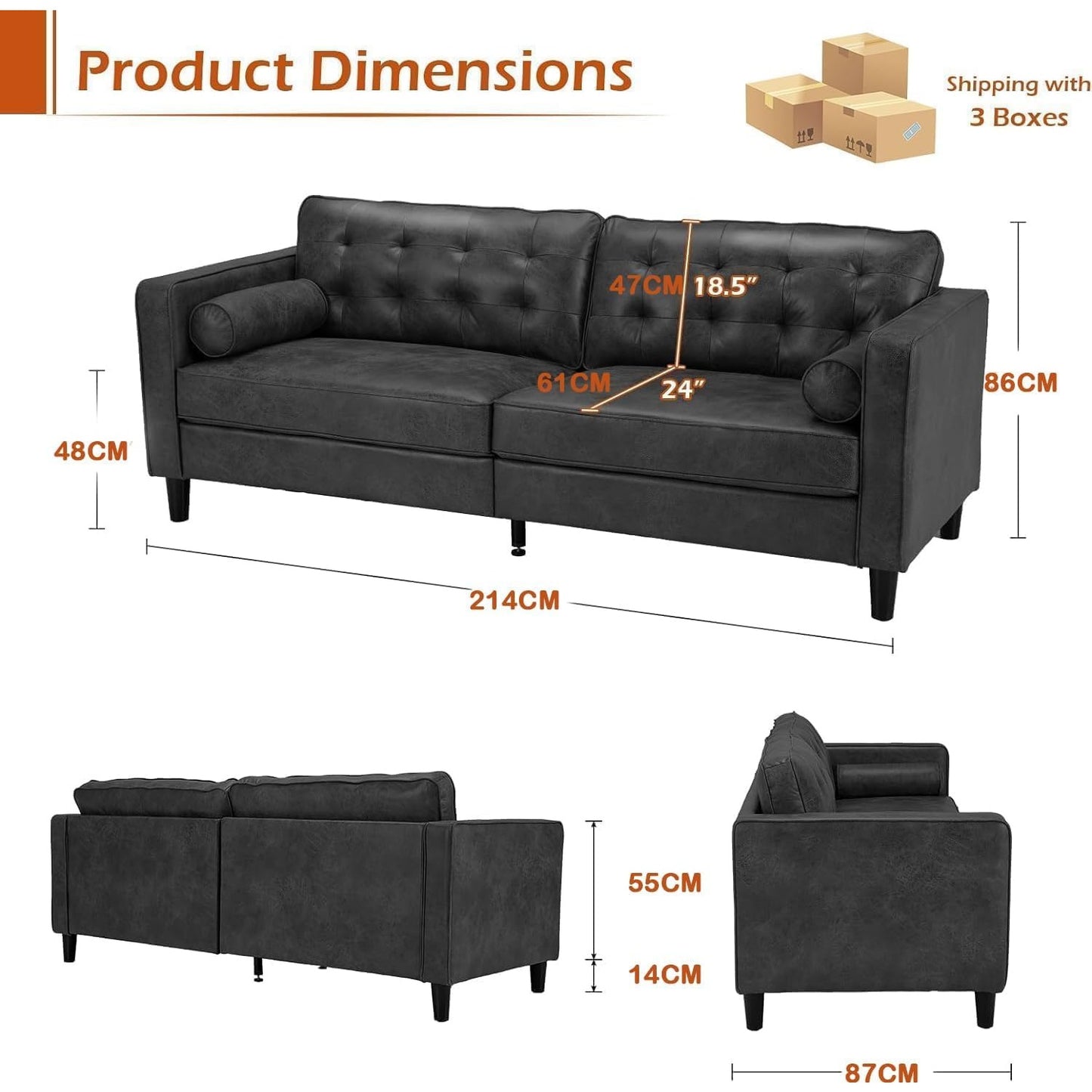 YODOLLA 3 Seater Sofa Large, 214cm Modern Sleeper Sofa Loveseat