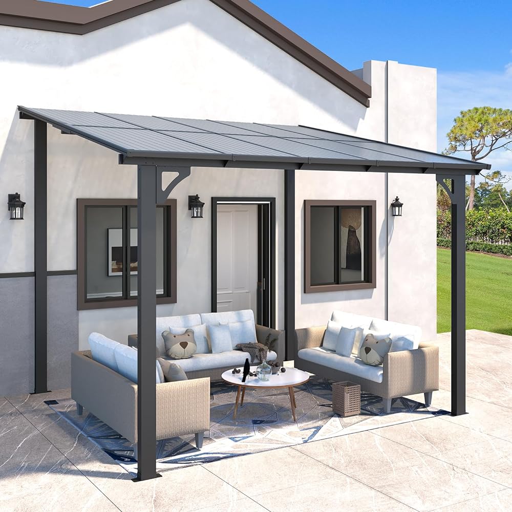 YODOLLA 2.4m x 3m Wall-Mounted Aluminium Awning Gazebo, Lean to Pergola