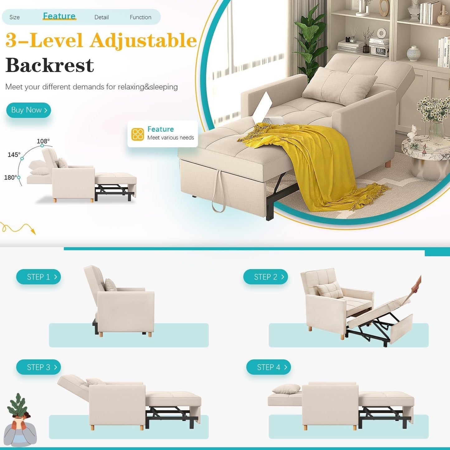 YODOLLA 175cm Single Sofa Bed Chair,3-in-1 Sleeper Armchair Convertible