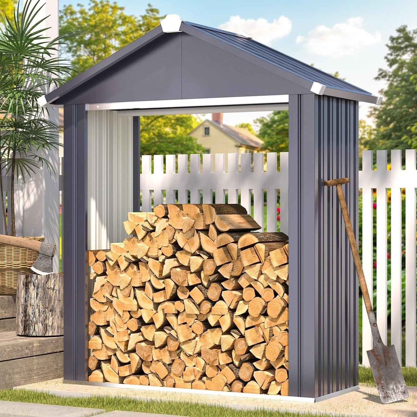 YODOLLA Heavy Duty Galvanized Steel Log Store Outdoor Firewood Shelter with Apex Roof, Grey