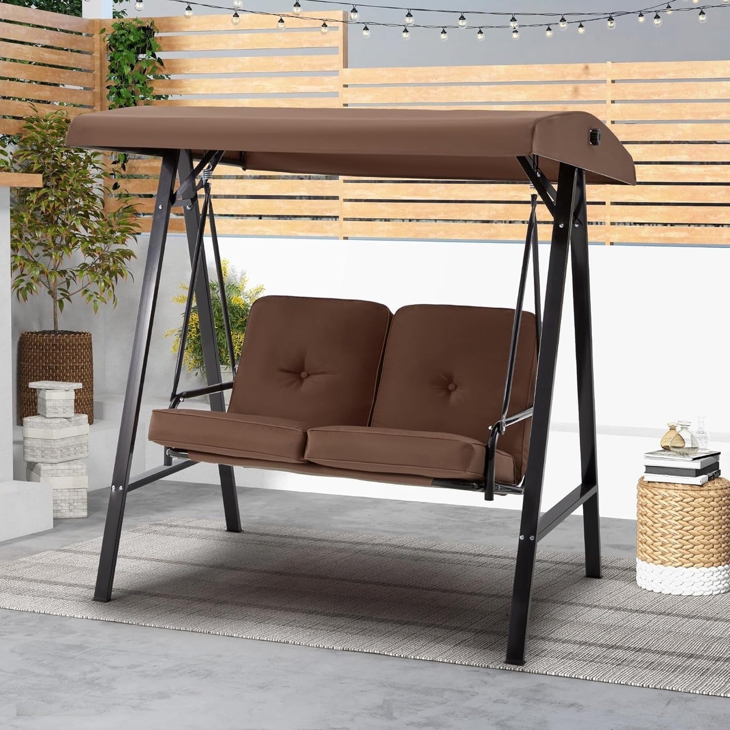 YODOLLA 2 Seater Garden Swing Chair with Adjustable Canopy & Cushions-Brown