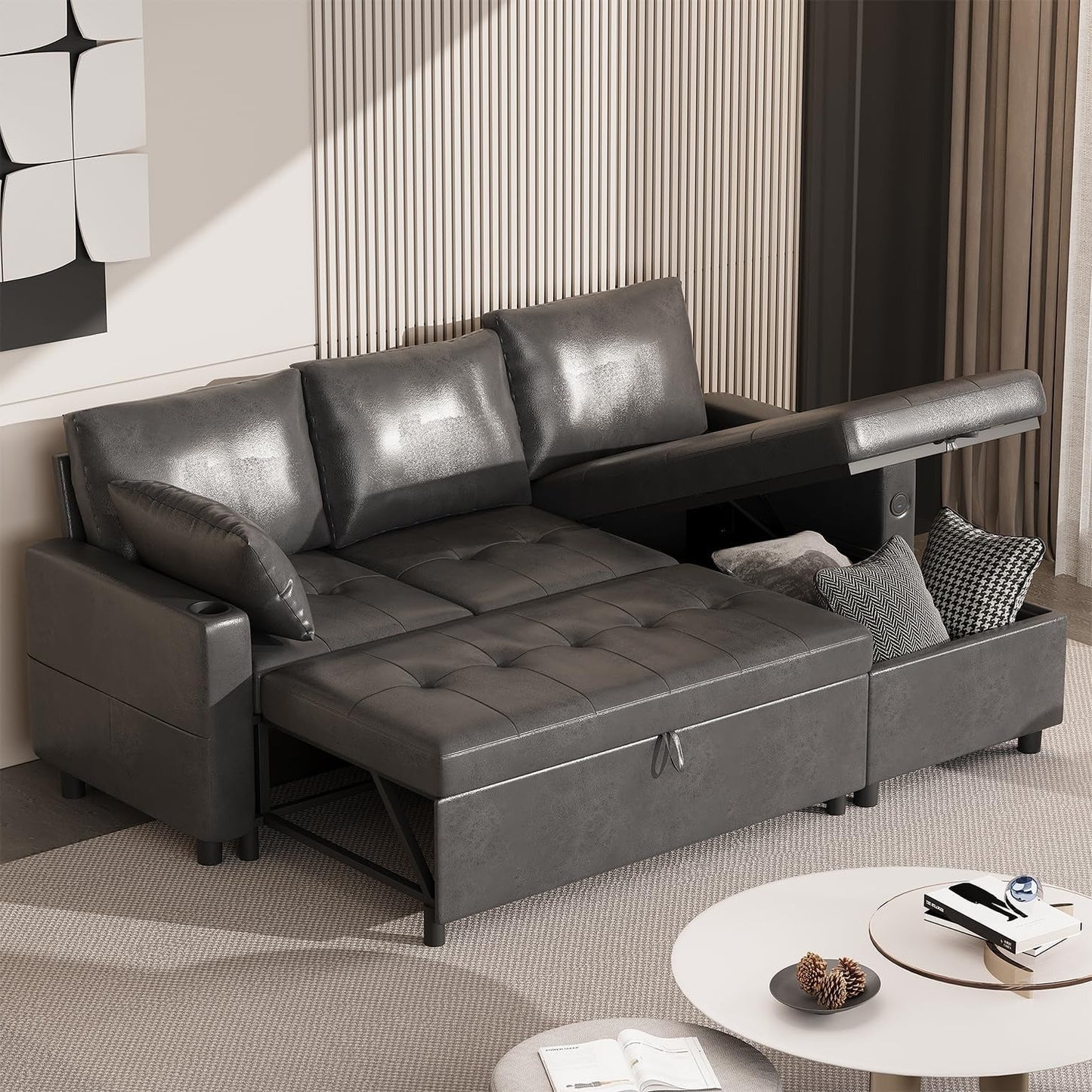 YODOLLA Faux Leather L-Shaped Sleeper Sofa, Pullout Bed, USB & Storage, Black