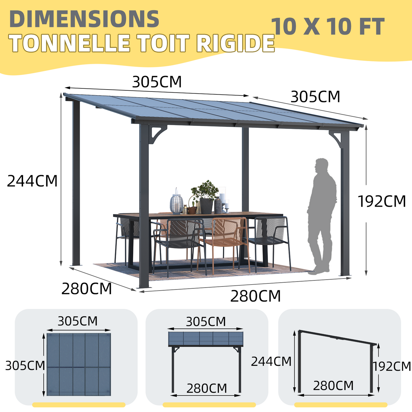 YODOLLA 3m x 3m Wall-Mounted Aluminium Awning Gazebo, Lean to Pergola