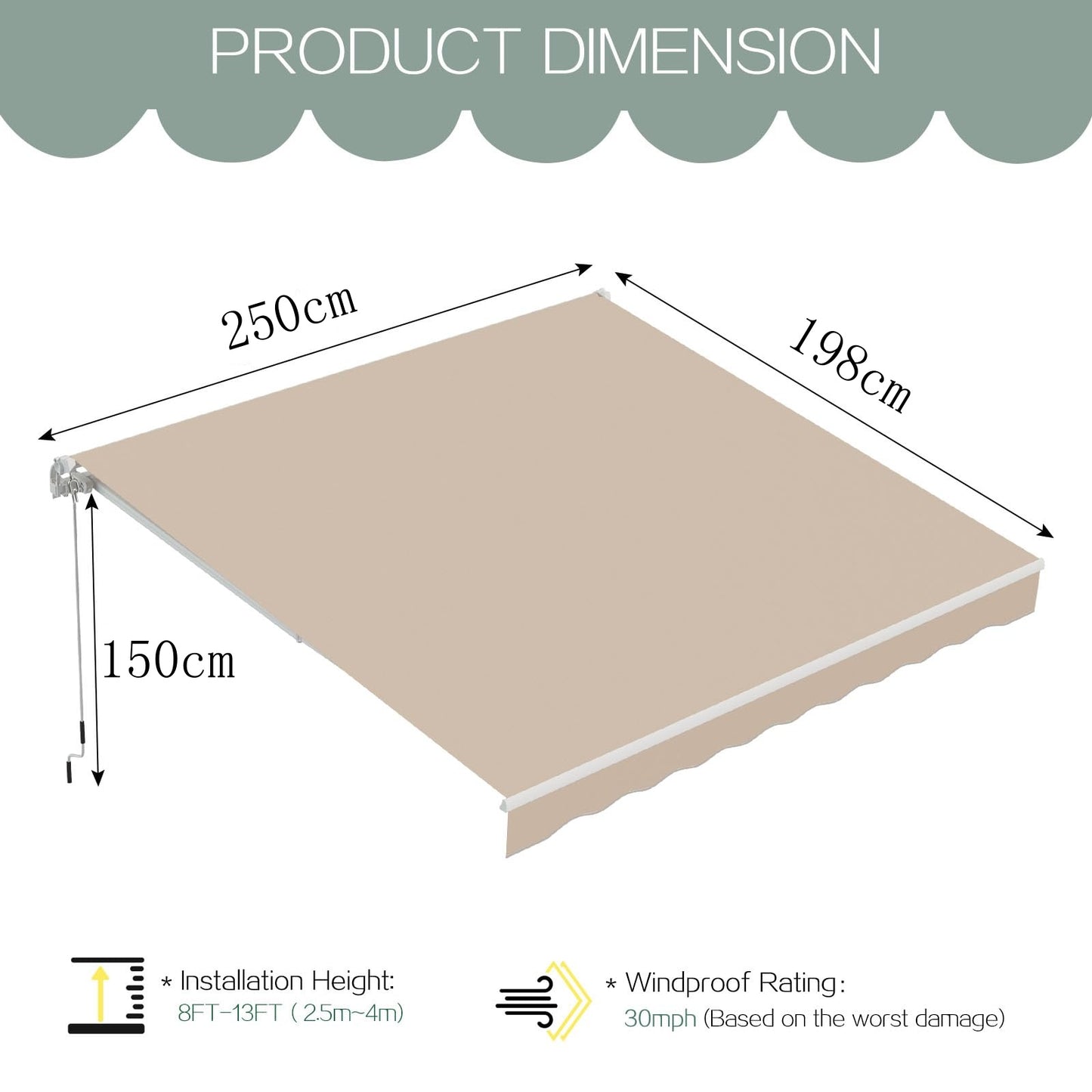 YODOLLA 2 × 2.5m Awnings for Patios Outdoor Garden Awning Canopy, Beige