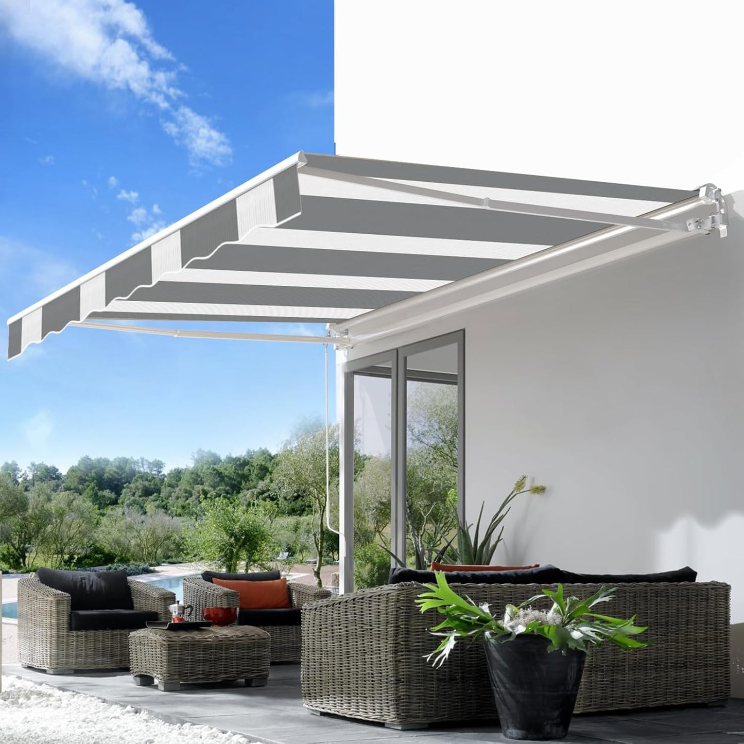 YODOLLA 396 × 244 cm Retractable Manual Awning, Folding Awning with Hand Crank Patio