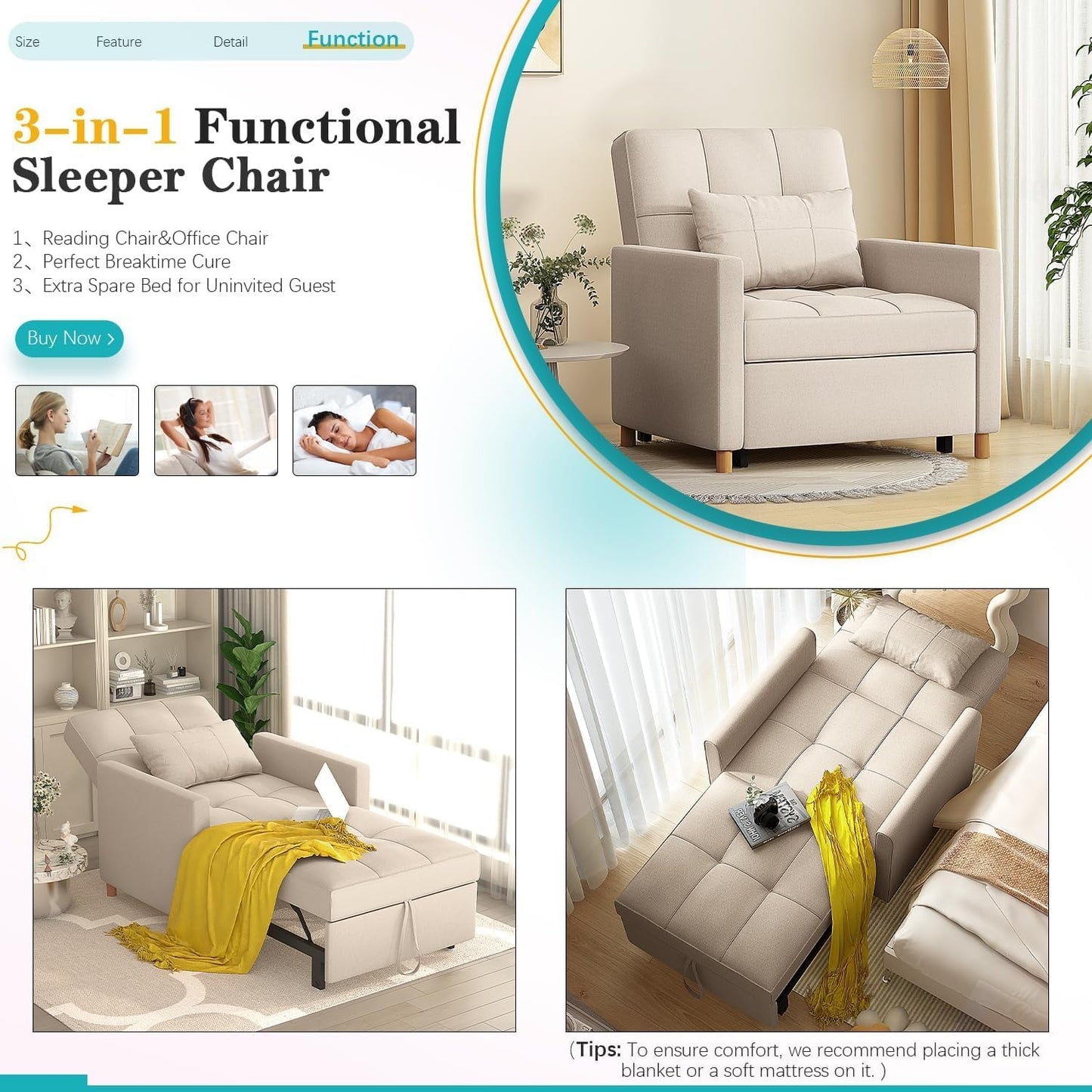 YODOLLA 175cm Single Sofa Bed Chair,3-in-1 Sleeper Armchair Convertible