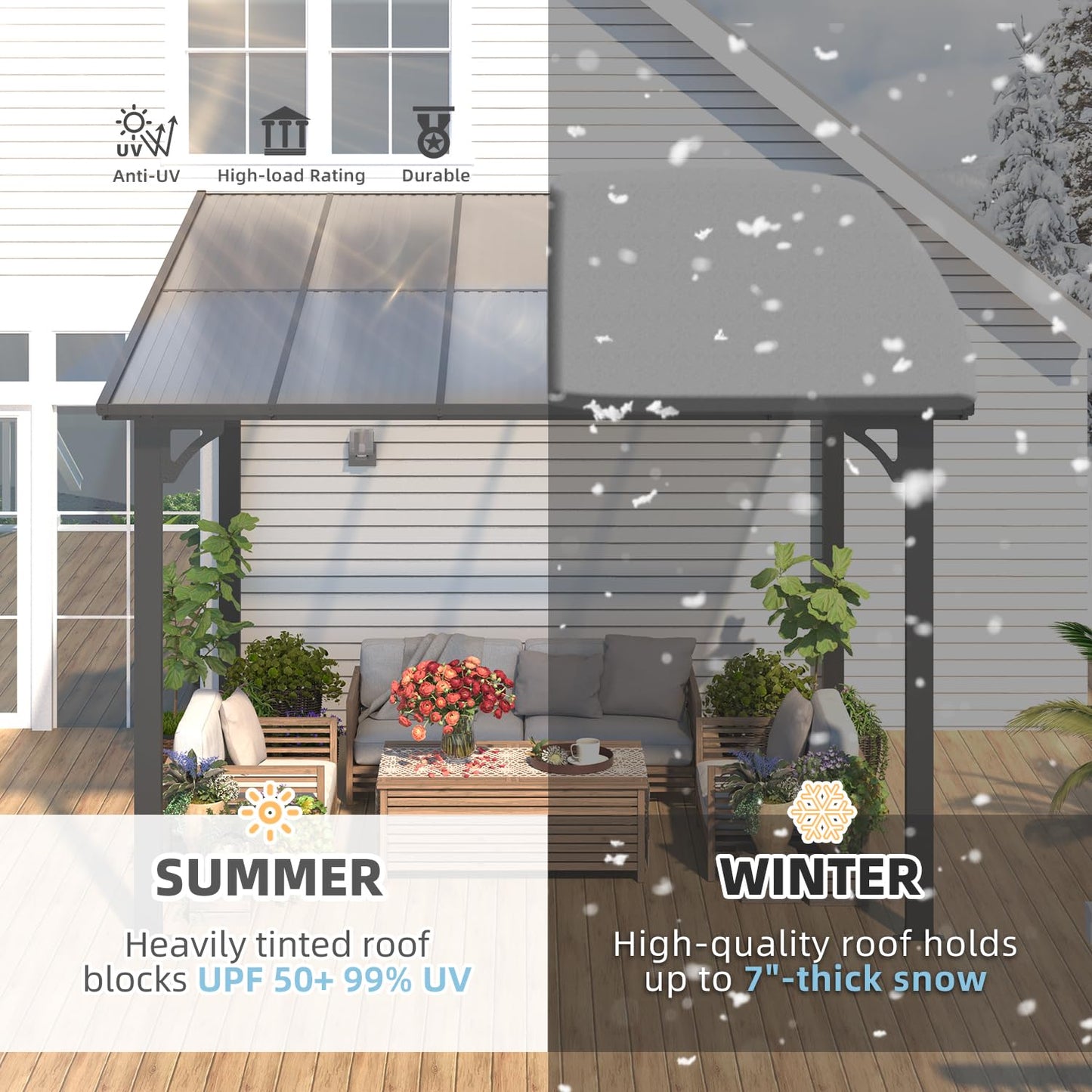 YODOLLA 3m x 3m Wall-Mounted Aluminium Awning Gazebo, Lean to Pergola