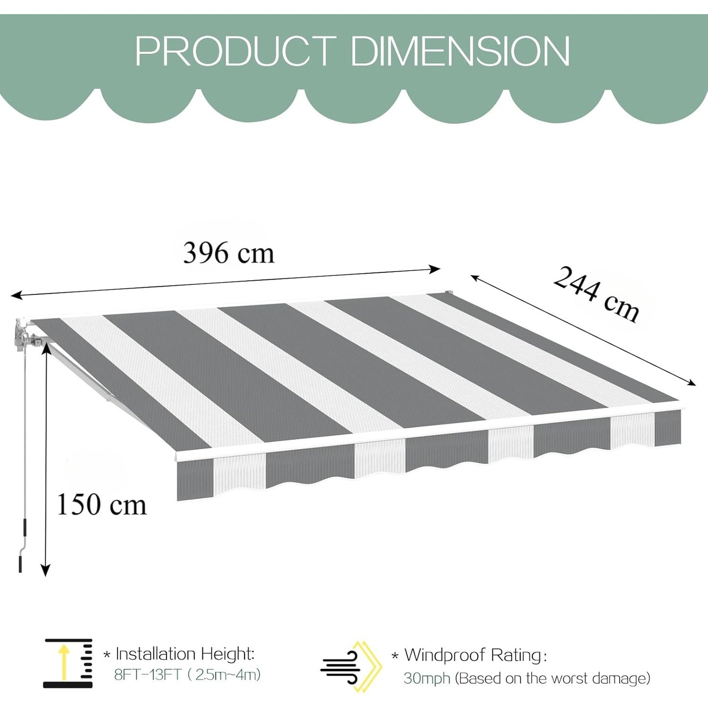 YODOLLA 396 × 244 cm Retractable Manual Awning, Folding Awning with Hand Crank Patio