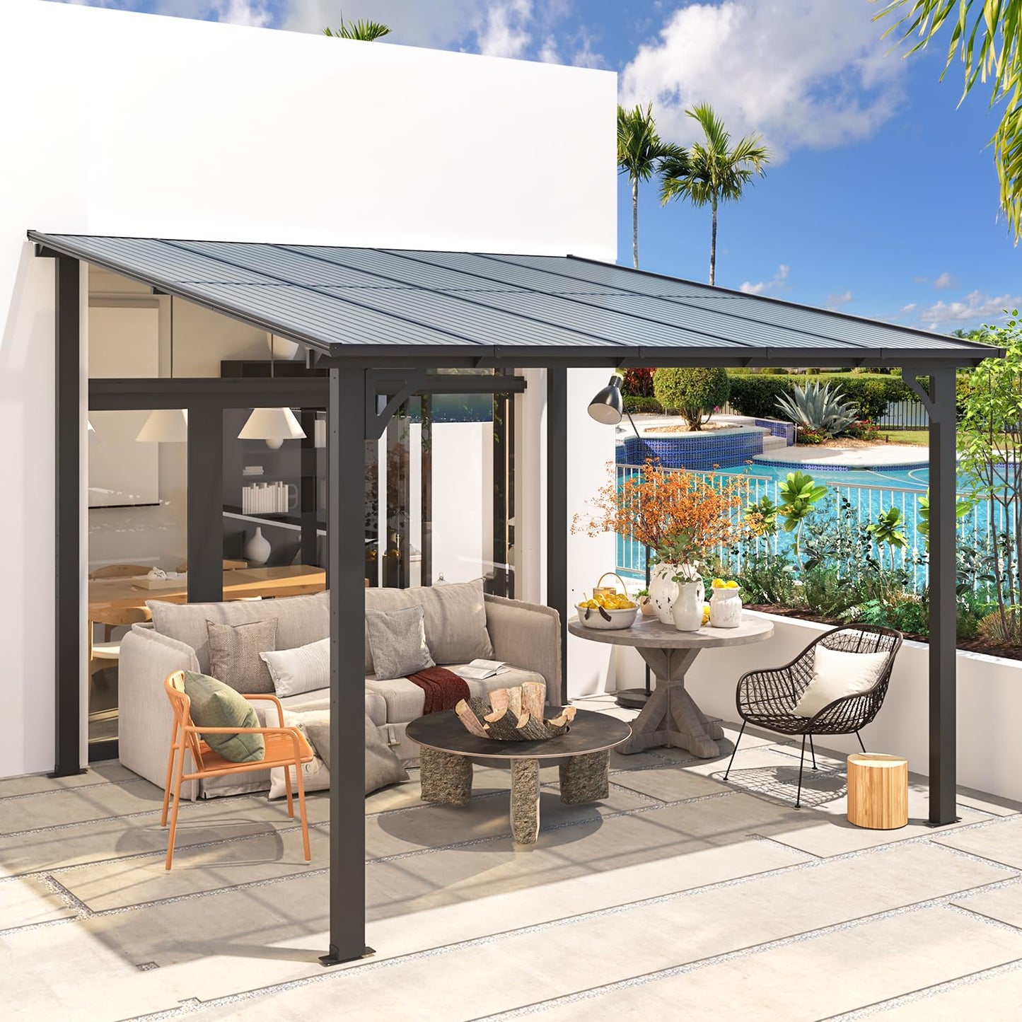 YODOLLA 3m x 3m Wall-Mounted Aluminium Awning Gazebo, Lean to Pergola