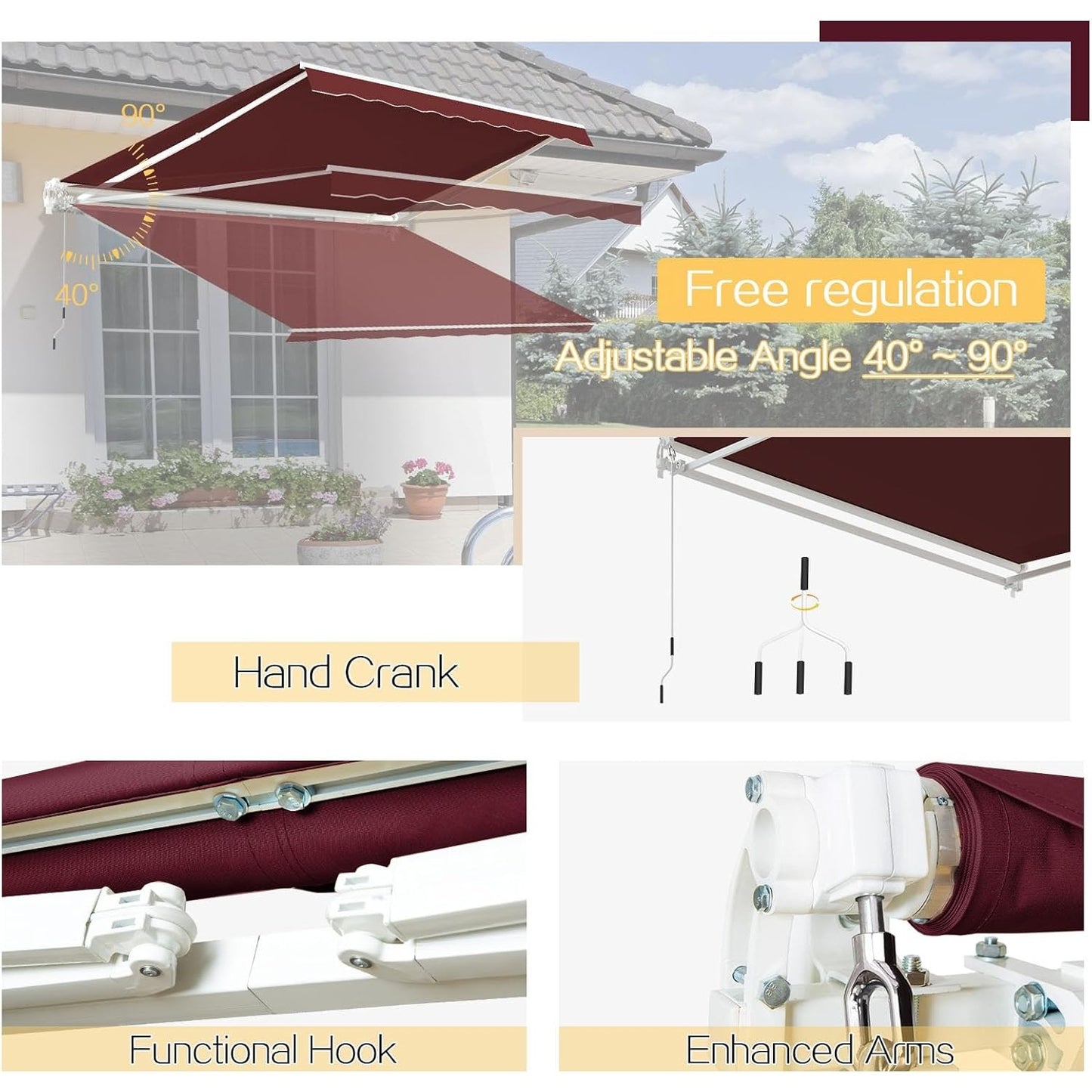 YODOLLA 305 × 244 cm Retractable Manual Awning, Folding Awning with Hand Crank Patio