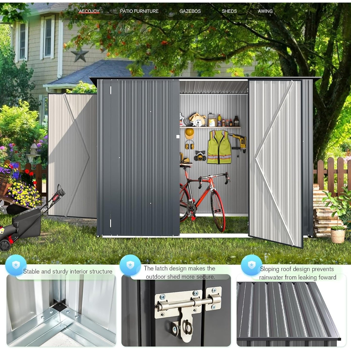 YODOLLA 5.3 x 5.2m Garden Shed Storage, Lockable Bike Shed with Door for 8-10 Bikes