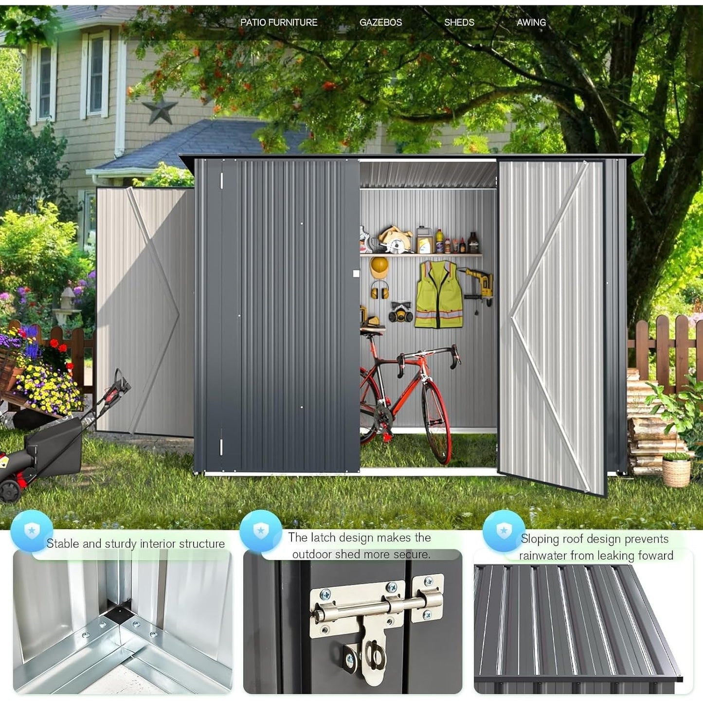 YODOLLA 5.3 x 5.2m Garden Shed Storage, Lockable Bike Shed with Door for 8-10 Bikes