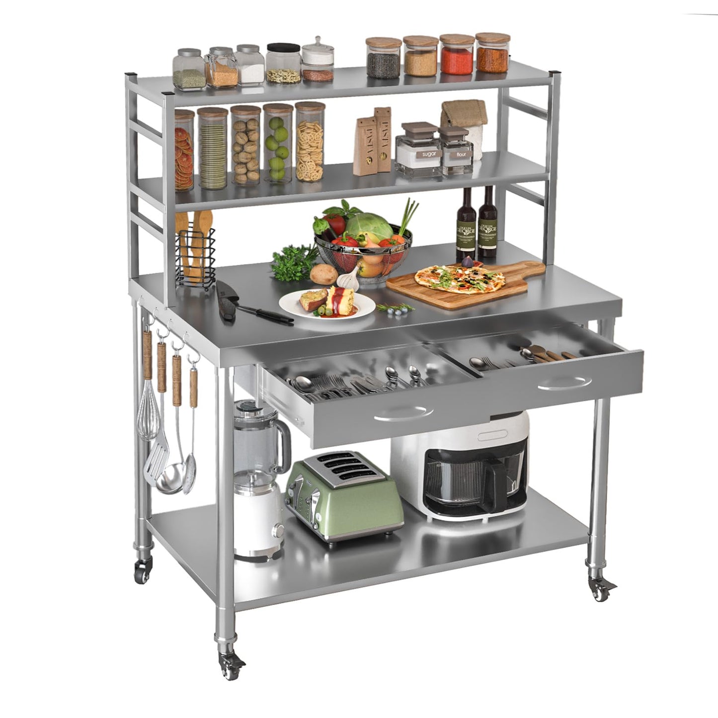 YODOLLA 122x61x138cm Stainless Steel Table with Wheels