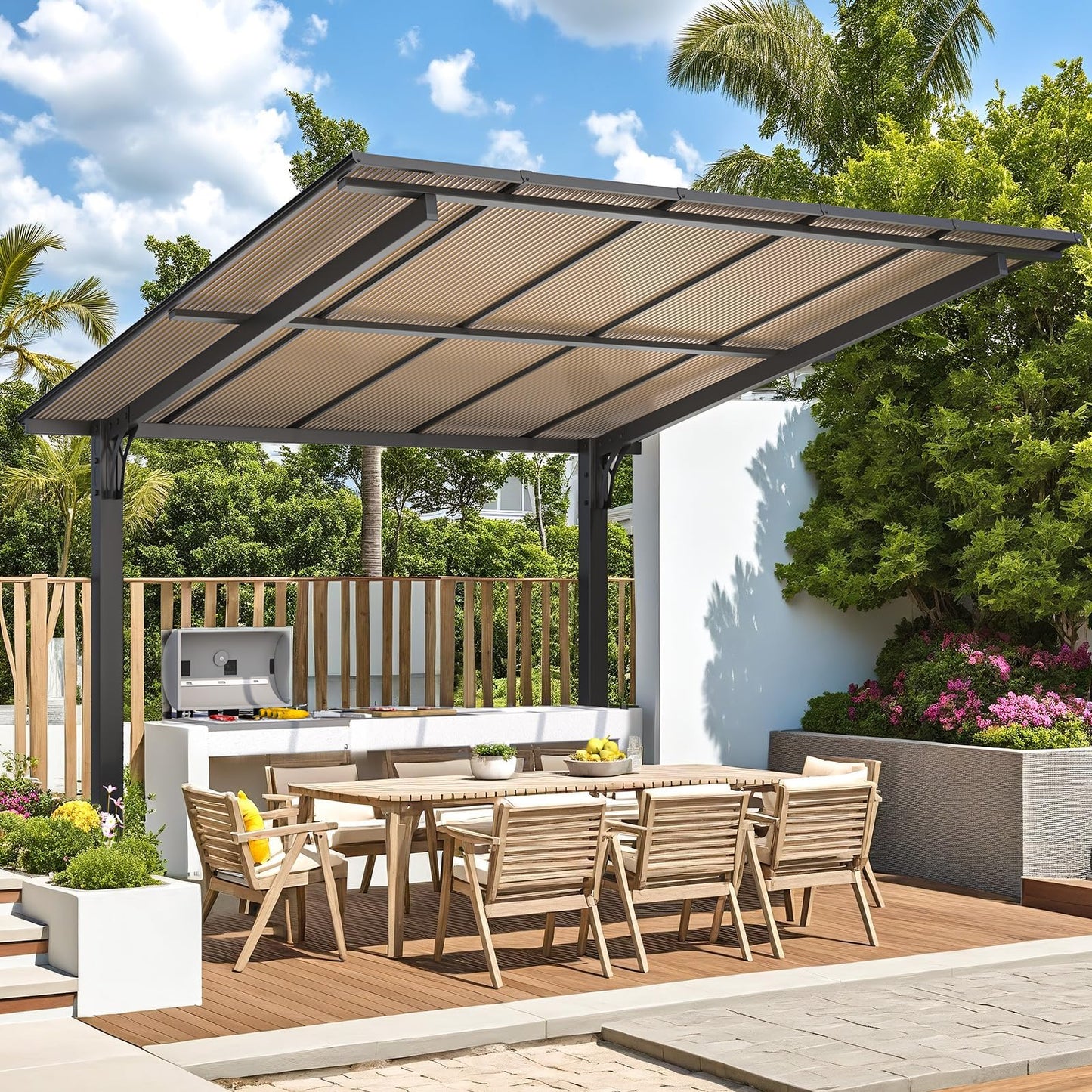 YODOLLA 3x3m Freestanding Hardtop Lean to Gazebo Pergola for Patio