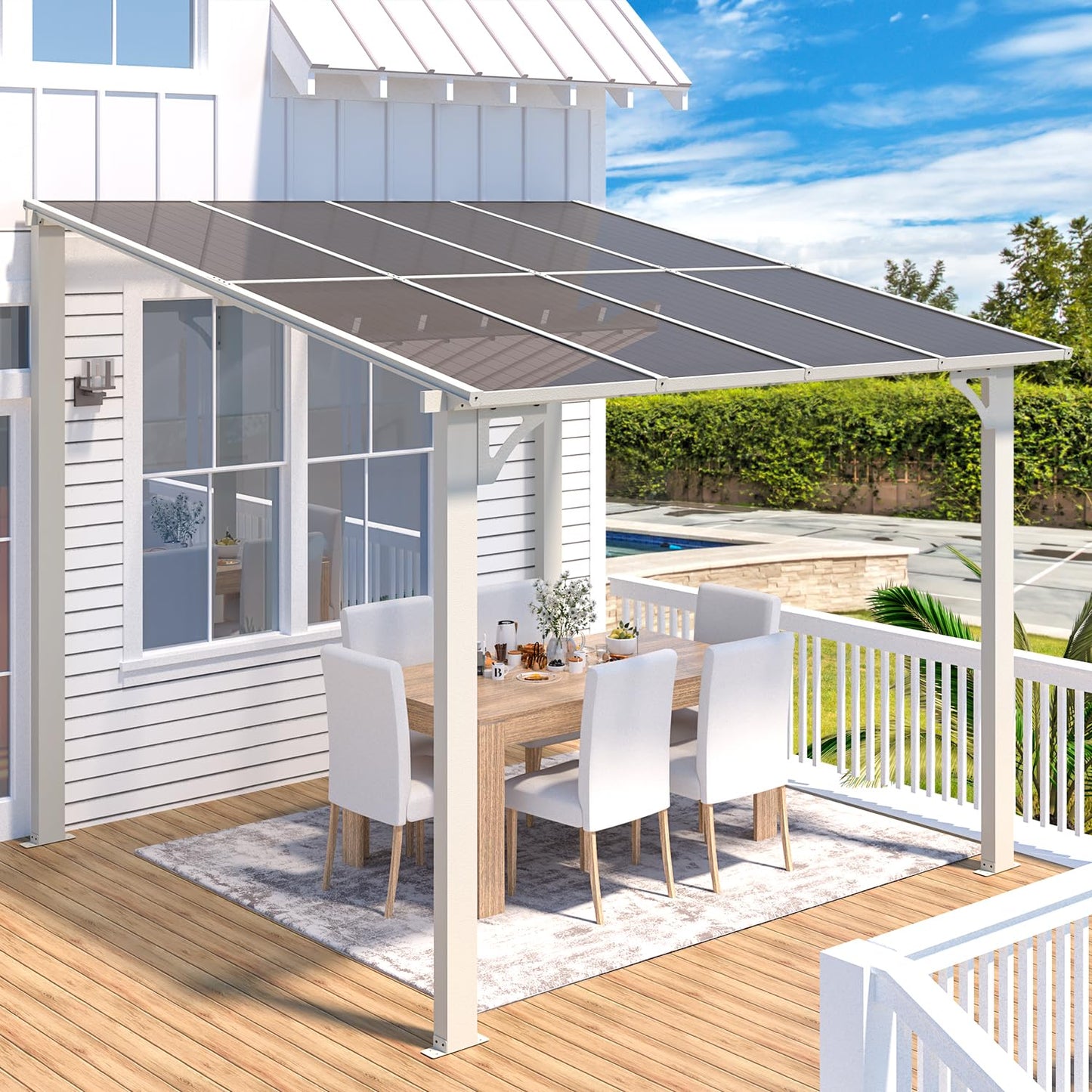 YODOLLA 2.4x2.4m Aluminium Lean-to Gazebo Wall-Mounted Hardtop Roof Pergola, White
