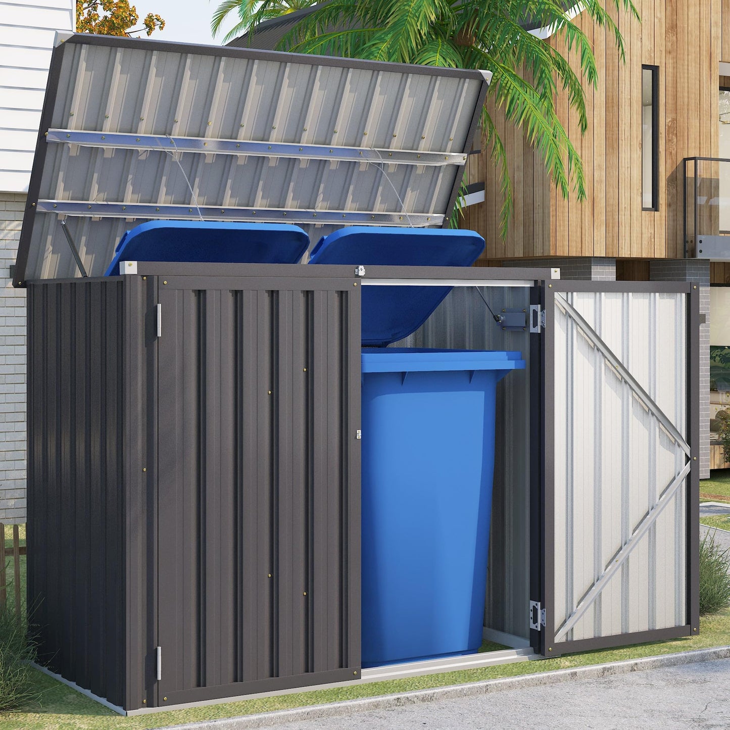 YODOLLA Outdoor Trash Can Storage Shed, Garden Storage Box, Metal Outdoor Shed with Double Door