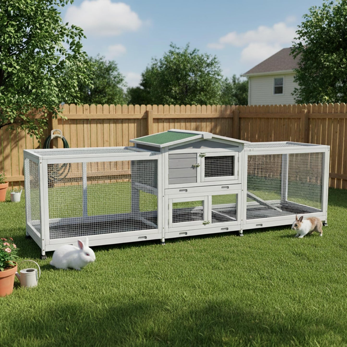 YODOLLA 2.4m Large Wooden Rabbit Hutch Outdoor Double Run Guinea Pig Cage