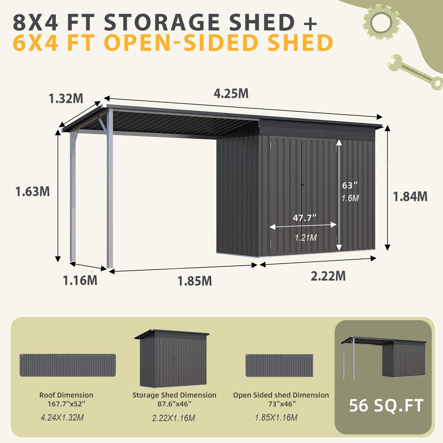 YODOLLA 6'x4' Outdoor Metal Storage Shed with 32 Sq. Ft Covered Space