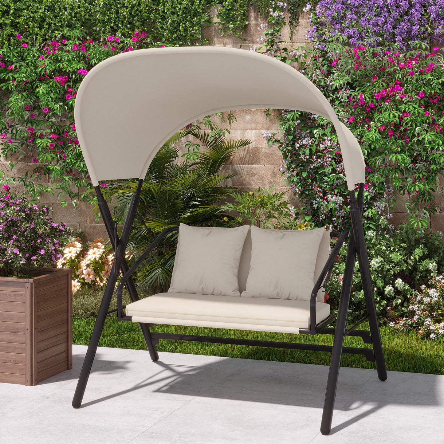 YODOLLA 2 Seater Outdoor Garden Swing with Canopy, Beige