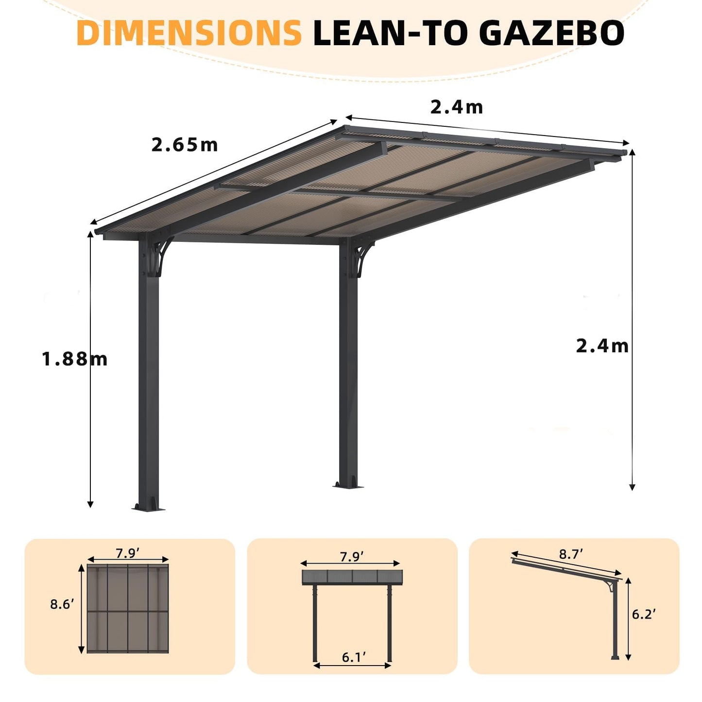 YODOLLA 2.4x2.4m Freestanding Hardtop Lean to Gazebo Pergola for Patio