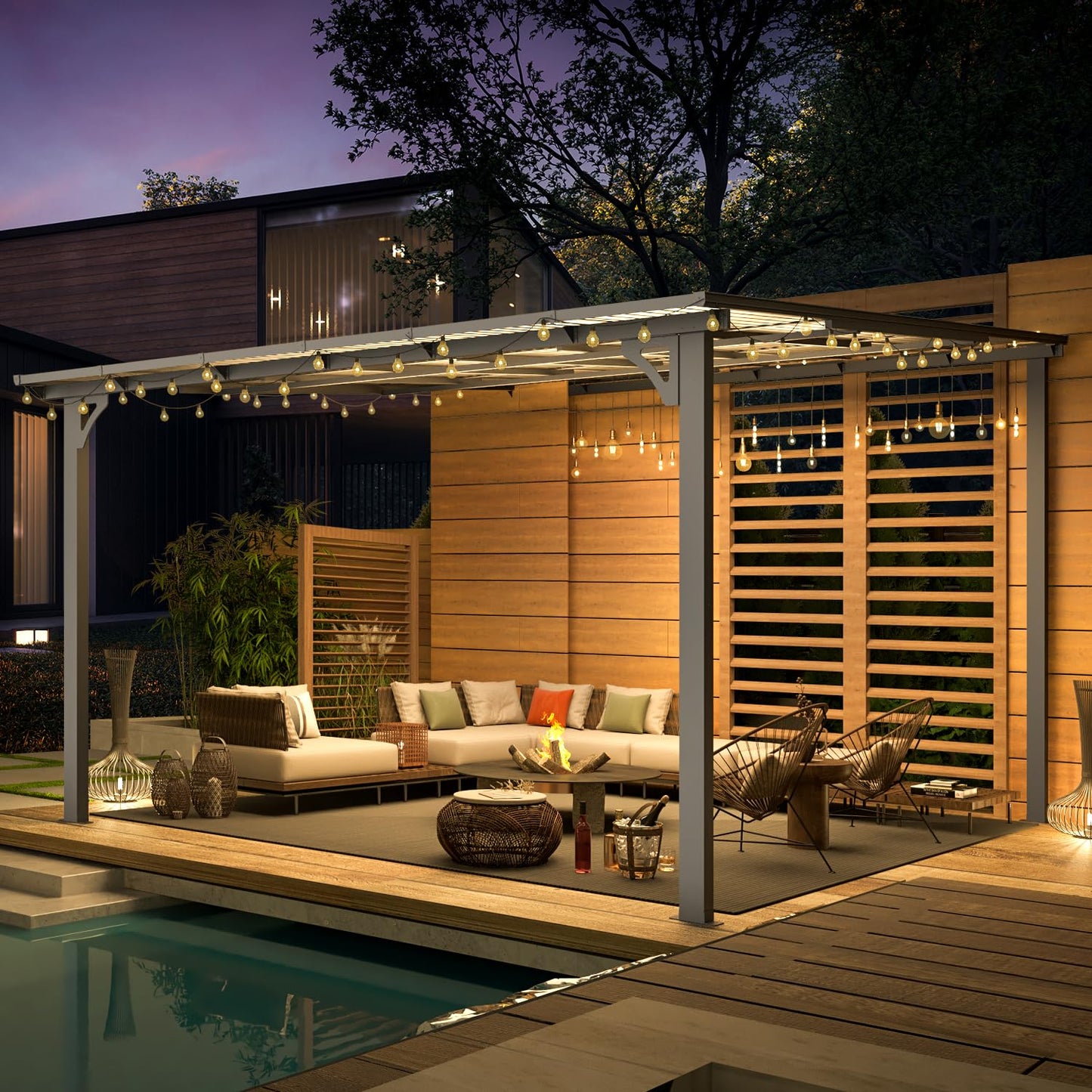 YODOLLA 3.65m x 3.65m Wall-Mounted Aluminium Awning Gazebo, Lean to Pergola